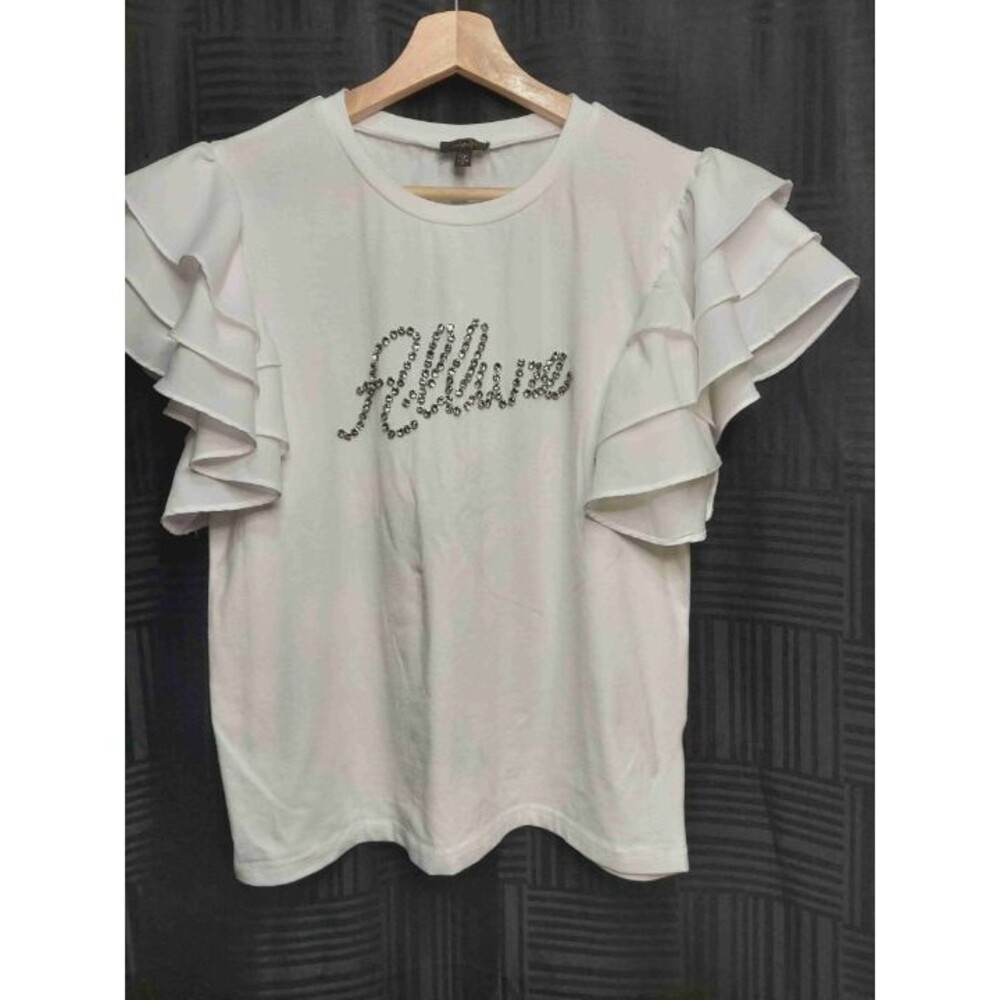 Ontwelfth White Ruffled Sleeves Rhinestone Embellishment T-Shirt Large